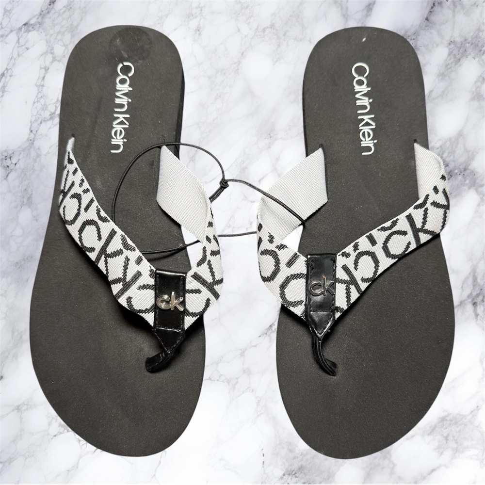 Calvin Klein‎ Logo Flip Flops Size 6 Black White CK Monogram Sandals New